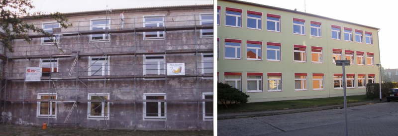 Fassadensanierung Lessinggymnasium Hoyerswerda vorher/nachher
